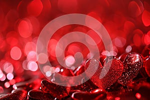 Festive background with infinite number of red hearts. St Valentine's Day, love and passion concept. Shallow depth