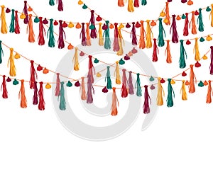 Festive background with paper tassels garlands. Design template for invitation, greeting card, banner, print. Colorful decorations