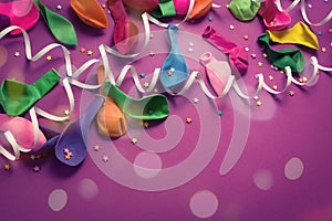 Festive background of purple material colorful balloons streamers confetti Top view flat lay copy space