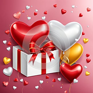 Festive background with realistic heart shaped balloons red and yellow colors, open gift box, Romantic banner