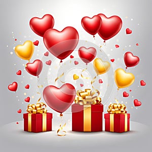 Festive background with realistic heart shaped balloons red and yellow colors, open gift box, Romantic banner