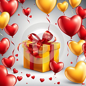 Festive background with realistic heart shaped balloons red and yellow colors, open gift box, Romantic banner