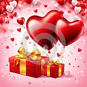 Festive background with realistic heart shaped balloons red and yellow colors, open gift box, Romantic banner