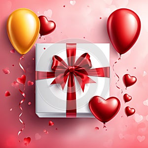 Festive background with realistic heart shaped balloons red and yellow colors, open gift box, Romantic banner