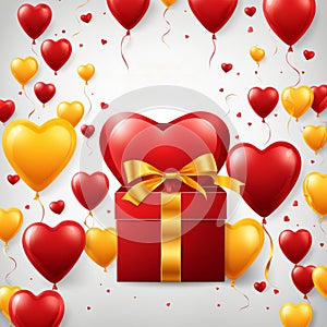 Festive background with realistic heart shaped balloons red and yellow colors, open gift box, Romantic banner