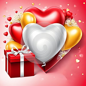 Festive background with realistic heart shaped balloons red and yellow colors, open gift box, Romantic banner