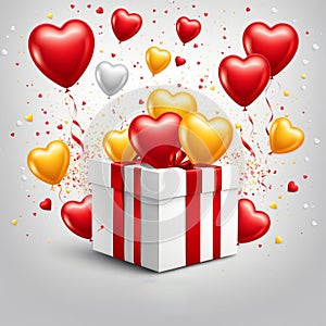 Festive background with realistic heart shaped balloons red and yellow colors, open gift box, Romantic banner