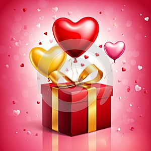 Festive background with realistic heart shaped balloons red and yellow colors, open gift box, Romantic banner