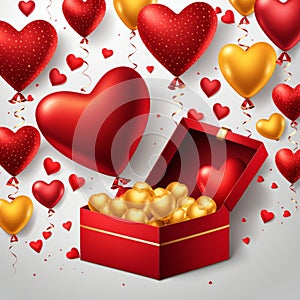 Festive background with realistic heart shaped balloons red and yellow colors, open gift box, Romantic banner