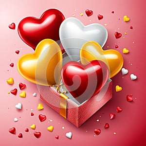 Festive background with realistic heart shaped balloons red and yellow colors, open gift box, Romantic banner