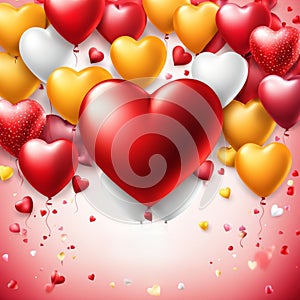 Festive background with realistic heart shaped balloons red and yellow colors, open gift box, Romantic banner