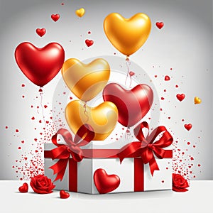 Festive background with realistic heart shaped balloons red and yellow colors, open gift box, Romantic banner