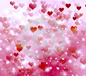 Festive background with red hearts, blurred bokeh background, glitter, gradient, lovers, romance, February, Valentine`s day