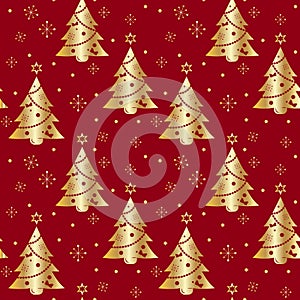 Festive background.Seamless pattern in gold color on a red background. Tree.