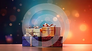 Festive background, sparkling blue, red, gold gift boxes, blue and gold gradient background with bokeh. AI generated