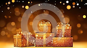 Festive background, sparkling gold gift boxes, with gold gradient background and bokeh. AI generated