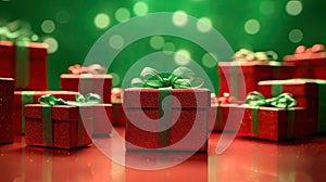 Festive background, sparkling red gift boxes, green gradient background with bokeh. Christmas presents. AI generated