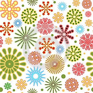 Festive background. Square Seamless pattern. Bright flashes of fireworks in a symbolic style. Petard and squib. Flat