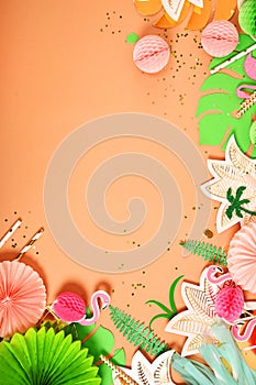 Festive background. Tropical theme. Hawaii. Party, birthday. View from above. Flat lay. photo