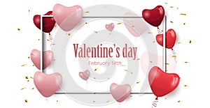 Festive background with Valentine s Day. Banners with pink and red hearts, poster template. Abstract background with decoration