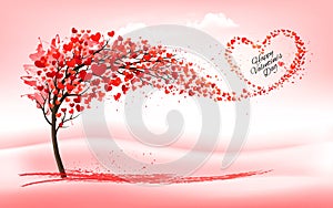 Festive background for Valentine\'s Day. Tree with heart-shaped leaves and leaves