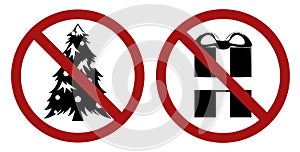 Festive balck silhouette of fir and gift box in prohibition sign. Forbid on celebrations and giving gifts. Ban on Christmas.