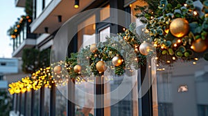 Festive Balcony Decor for Christmas & New Year: Close-Up of Garland & Balls Wrapped Around Railing in Modern Apartment Building