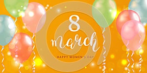 Festive banner design on a yellow background with balloons. Women's Day, Mother's Day, Birthday, Anniversary