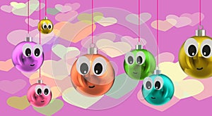 Festive banner. Group, set of cheerful decoration with an expression of joy. Funny faces with smiles. Hearts background.