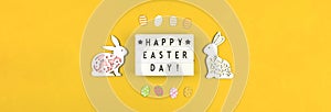 Festive banner happy easter day text message, greeting card concept