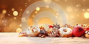 Festive banner with homemade cookies, sugar powder, neutral background, tasty bisquits close-up