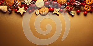 Festive banner with homemade cookies, sugar powder, neutral background, tasty bisquits close-up