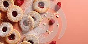 Festive banner with homemade cookies, sugar powder, neutral background, tasty bisquits close-up.