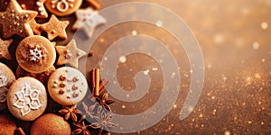 Festive banner with homemade cookies, sugar powder, neutral background, tasty bisquits close-up photo