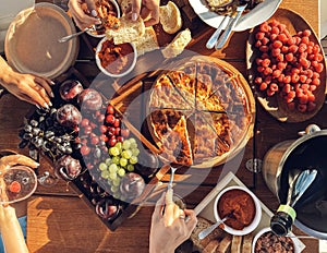 Festive banquet on board the ship. Close up of table with delicious food