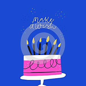 Festive bday cake and congratulation phrase illustration