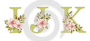Festive beautiful watercolor alphabet with  delicate pink spring flowers