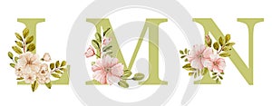 Festive beautiful watercolor alphabet  with delicate pink spring flowers