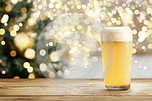 Festive beer glass on rustic table with holiday bokeh lights and pine tree background