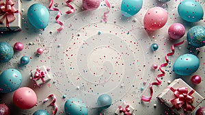 Festive Birthday Bash: Top View of Colorful Balloons, Gifts, Confetti, and Streamers on a Tech photo
