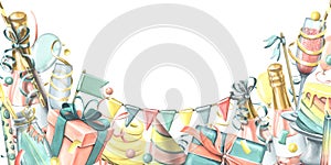 Festive birthday border with champagne, balloons, cake, gift boxes, candles, glasses and flags. Hand drawn watercolor