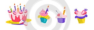 Festive Birthday Cake and Cupcakes Illustration with Candles