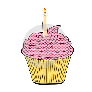 Festive birthday cupcake with candle on white, stock vector illu