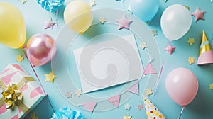 Festive Birthday Party Flat Lay with Balloons, Stars, and Blank Card. Greeting Card Mockup