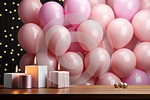 Festive birthday scene, frame, balloons, confetti, pink table, flat lay