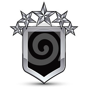 Festive black vector emblem with outline and five silver decorative pentagonal stars, 3d royal conceptual design element, clear e