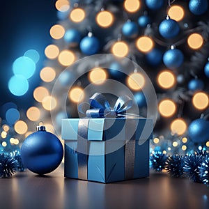 Festive blue box with a red ribbon and a large blue ball against the background of a Christmas tree with bokeh. Christmas and New