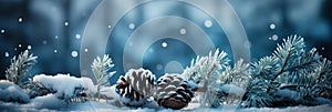 festive blue Christmas background with Christmas tree branches and pine cones in snow for new year