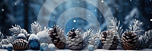 festive blue Christmas background with Christmas tree branches and pine cones in snow for new year