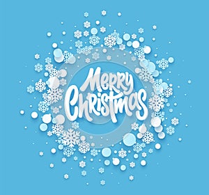 Festive blue Christmas background with paper snowflakes. Christmas Papercut background design for postcard, banner